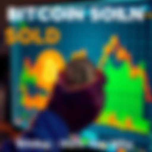 A person holding a Bitcoin symbol while looking at a decreasing price chart on a digital screen