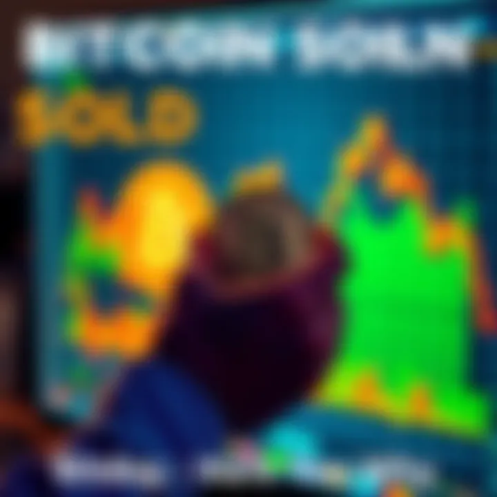 A person holding a Bitcoin symbol while looking at a decreasing price chart on a digital screen
