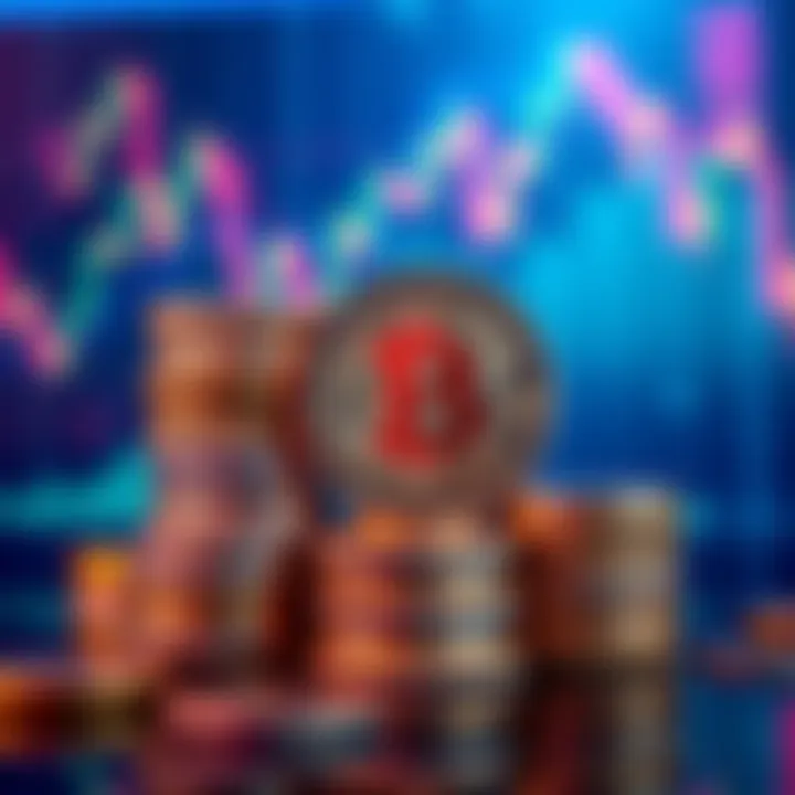 Bitcoin coins stacked with a fluctuating graph background representing its value over time