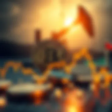 Bitcoin value drop with oil price rise A graphic showing the decline of Bitcoin value alongside a rising oil price graph, symbolizing economic tension and inflation concerns