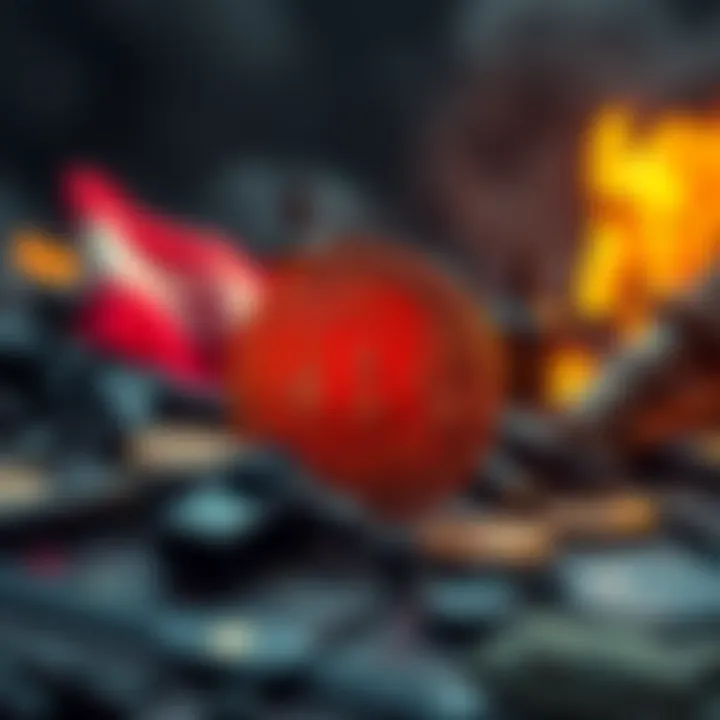 A digital representation of Bitcoin alongside symbolic elements of war, illustrating its value amidst global conflicts.