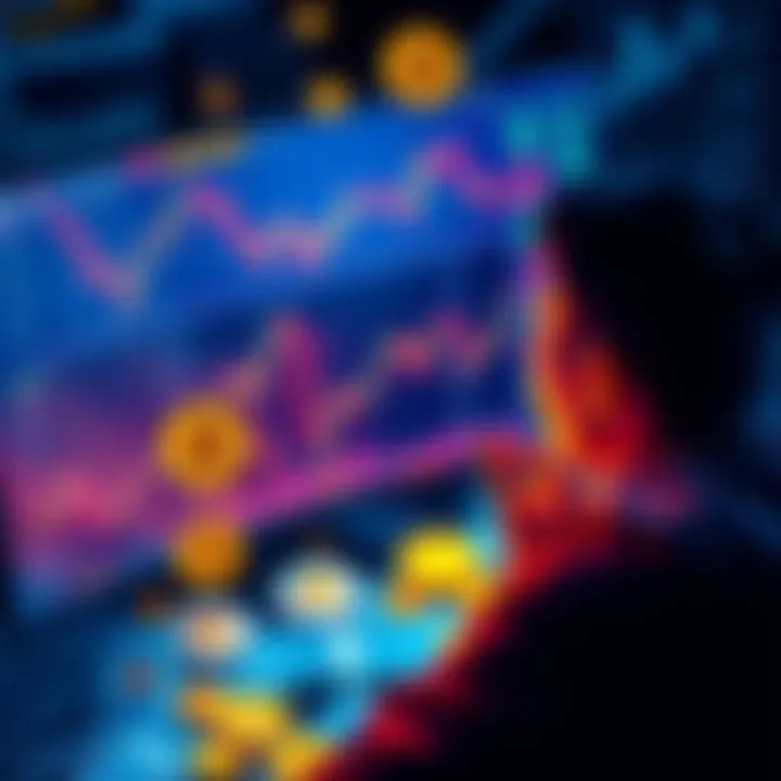 Bitcoin Wealth Management A person looking at a computer screen displaying Bitcoin price charts, considering financial decisions while surrounded by dollar bills and Bitcoin symbols.