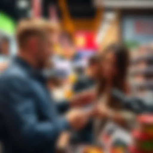 People using Bitcoin at a store checkout, smiling and paying with a smartphone app.