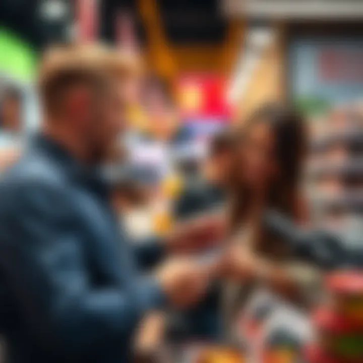 People using Bitcoin at a store checkout, smiling and paying with a smartphone app.