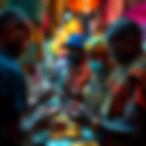 A market scene in Africa with vendors accepting Bitcoin payments instead of dollars, showing people engaged in transactions with smartphones and Bitcoin symbols.