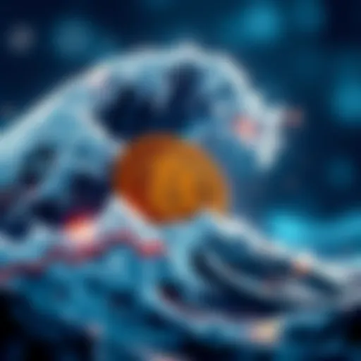 Bitcoin surge and AI collapse A wave symbolizing a Bitcoin surge crashing down on an AI symbol, illustrating the financial impact