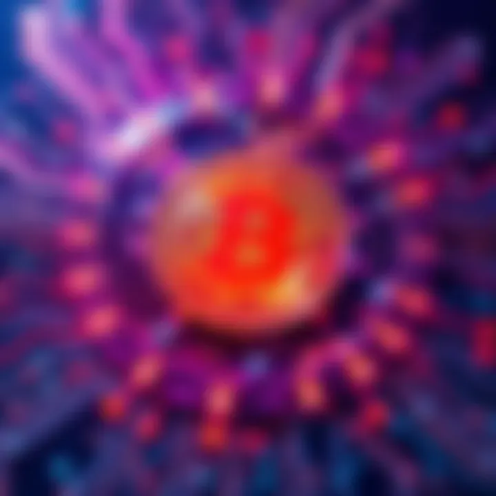 A visual representation of Bitcoin with an AI theme, showing Bitcoin symbols surrounded by digital circuit patterns.