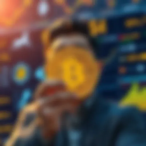 A person looking worried while holding a Bitcoin symbol, with AI stock logos in the background, representing investment choices.