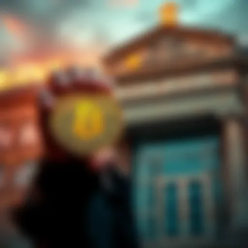 A person holding a Bitcoin symbol with a worried expression, alongside a bank building in the background