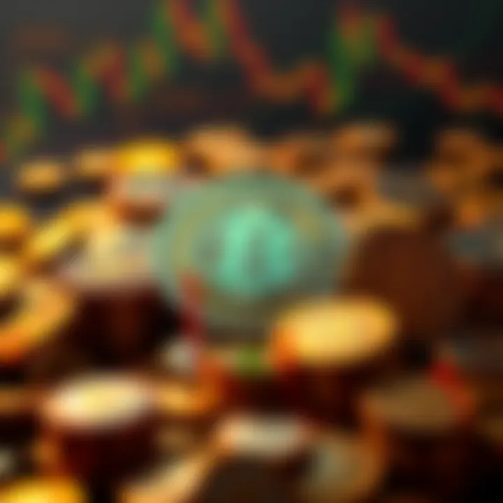 A graphic showing Bitcoin symbols and currency coins, representing investment opportunities and market uncertainty.