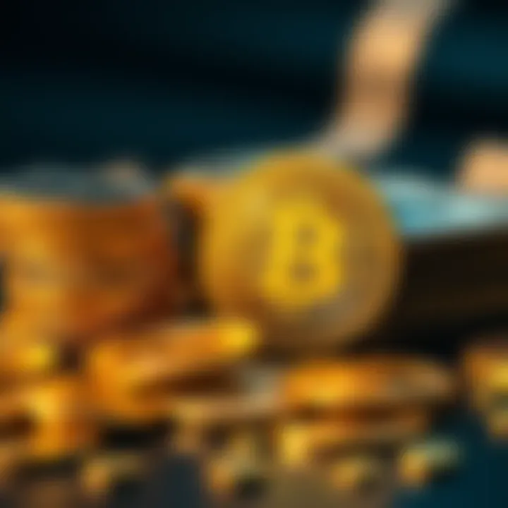 Bitcoin and Money Symbols A stack of gold coins beside a Bitcoin symbol, showcasing wealth and digital currency.