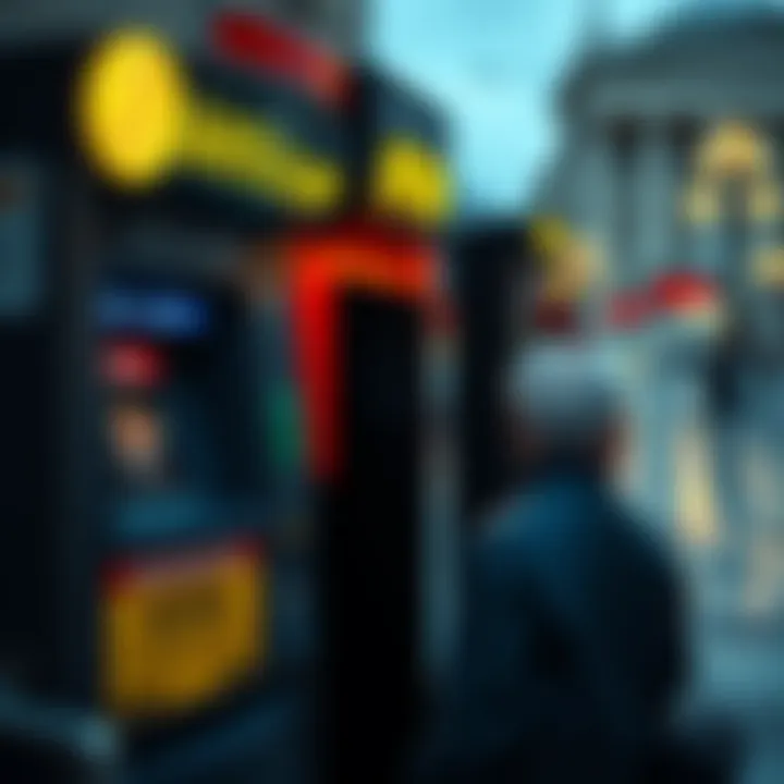 Bitcoin ATM in Washington D.C. A Bitcoin ATM machine with warning signs about scams, featuring an elderly person looking concerned nearby.