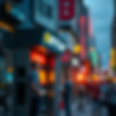 A bitcoin ATM with people using it in a busy urban area, showcasing cryptocurrency access.