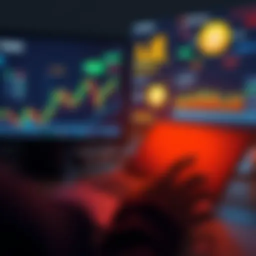 A beginner exploring Bitcoin with a laptop, surrounded by crypto charts and forums on the screen.