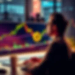 A person contemplating investing in Bitcoin while observing a falling price chart on a computer screen
