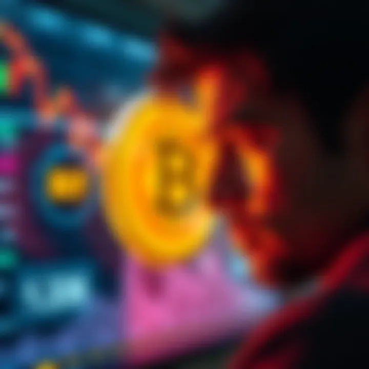 A person looks at a Bitcoin buy button on a screen while showing concern during a price drop