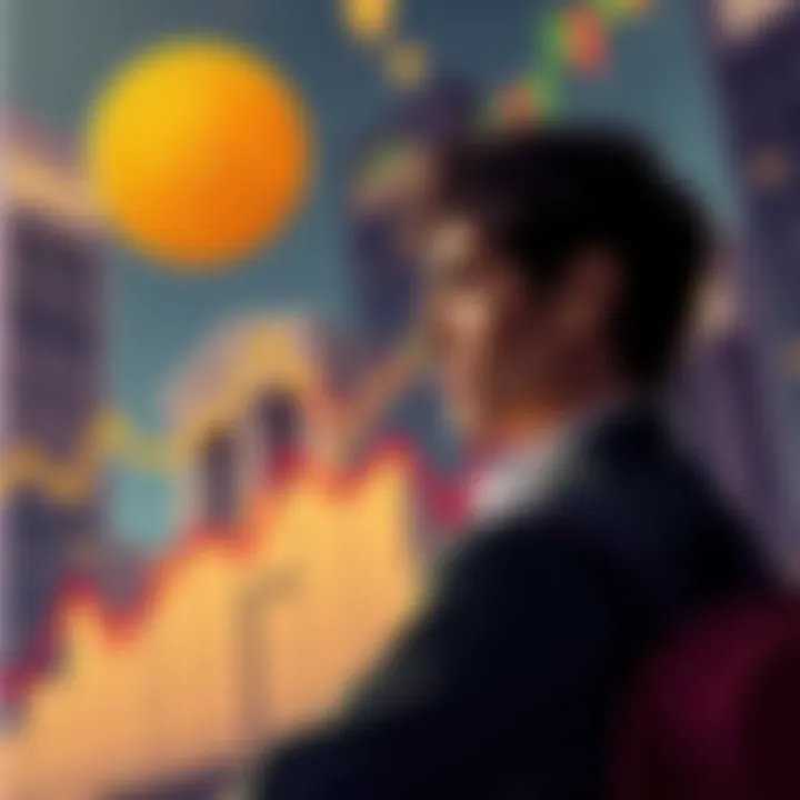 A person contemplating Bitcoin investment with a backdrop of rising prices, inflation graphs, and bank buildings.