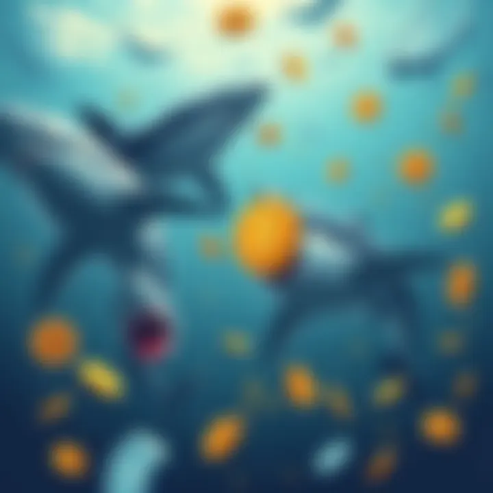 Bitcoin Buying Surge Illustration of whales and sharks symbolizing large investors buying Bitcoin while retail investors sell off, creating a market shift.