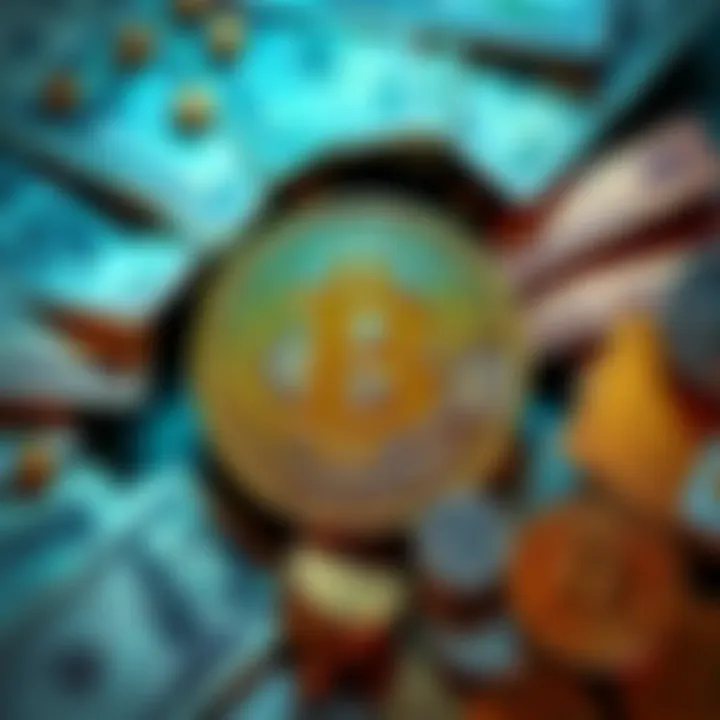 A Bitcoin symbol surrounded by images of cash and various digital currencies, illustrating the need for sound money.