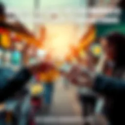 A person handing cash to another while exchanging Bitcoin on a mobile app in a local setting