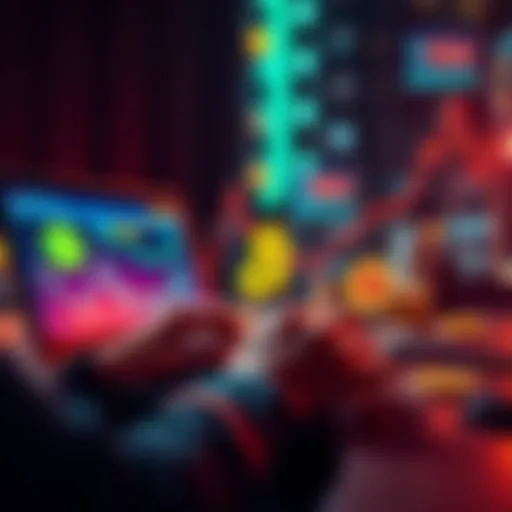 A person using a laptop to cash out Bitcoin to cash, with financial icons around