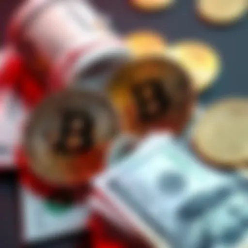A visual representation of Bitcoin coins placed next to physical cash, illustrating the connection between cryptocurrency and traditional money.