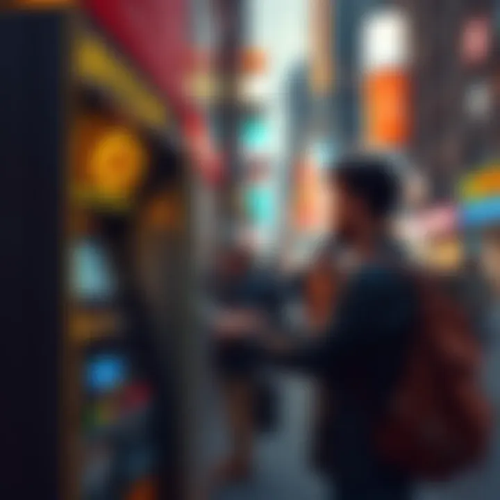 A person using a Bitcoin ATM to sell Bitcoin for cash in a busy city setting