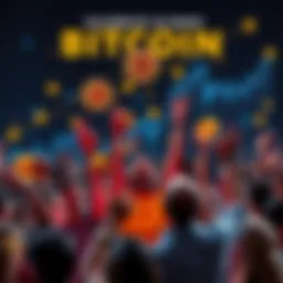 Group of people celebrating with Bitcoin symbols and charts showing rising values
