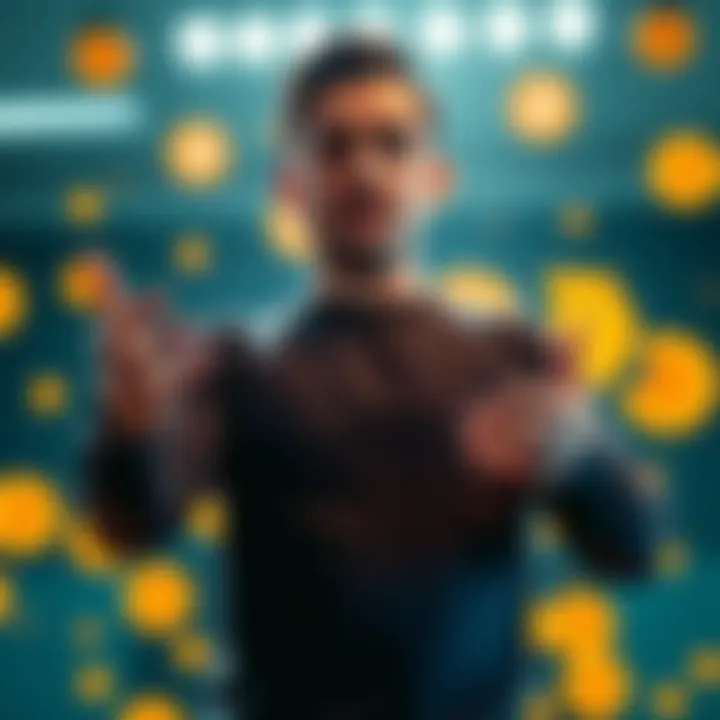 A man standing confidently, gesturing as if sharing important information about Bitcoin, with digital currency symbols in the background