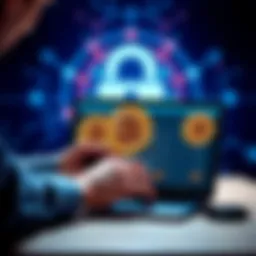 A person examining different Bitcoin client options on a laptop with a secure lock graphic in the background
