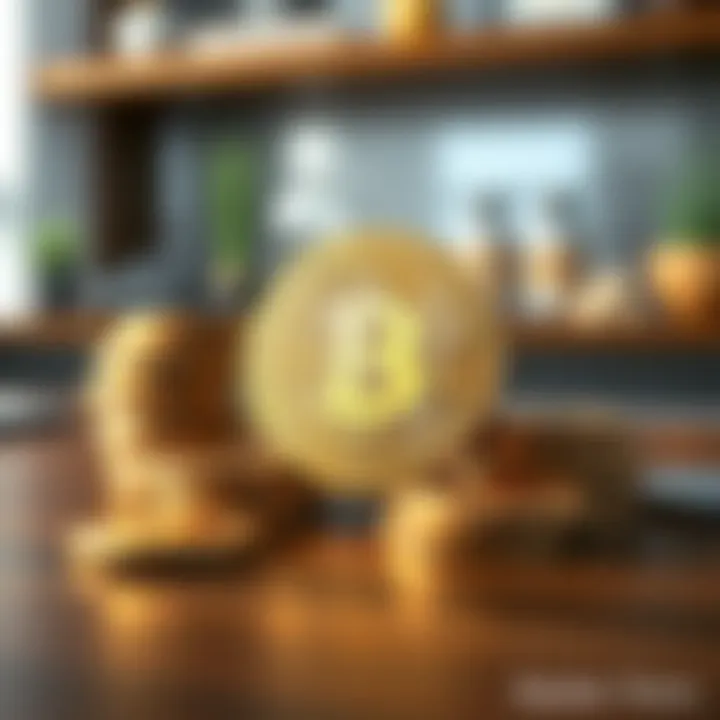 A stack of shiny Bitcoin coins on a wooden table, representing cryptocurrency value.