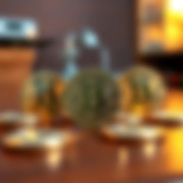A close-up of several shiny Bitcoin coins arranged neatly on a wooden table, illustrating cryptocurrency ownership.