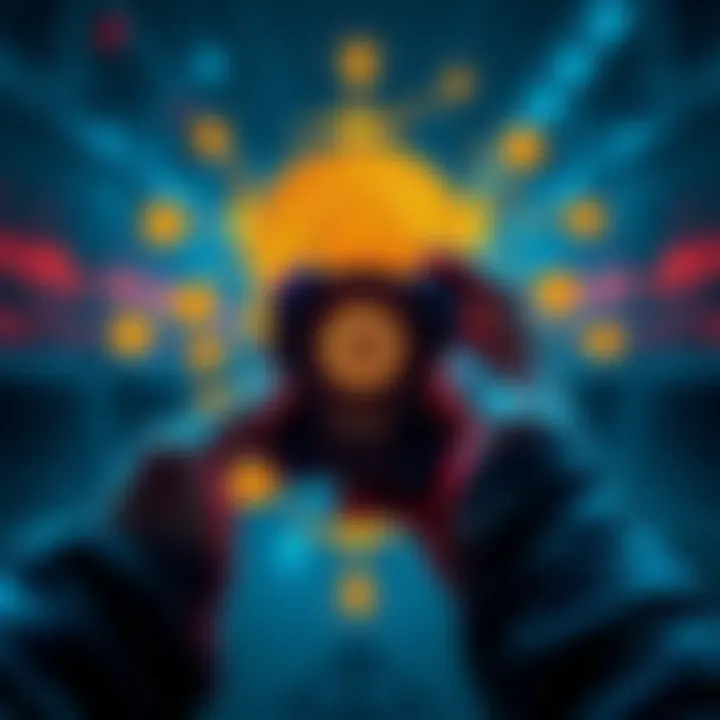 A person holding a Trezor device with Bitcoin symbols around them, representing secure storage.