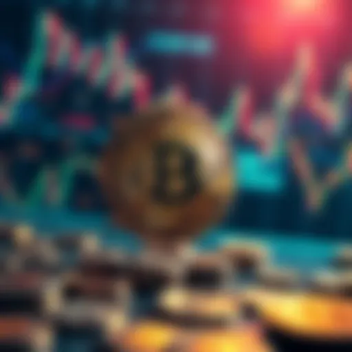 A visual representation of Bitcoin as a collectible item, resembling antiques and trading cards, with a backdrop of fluctuating market graphs and coins.