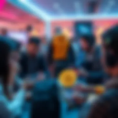 People engaging in a discussion about Bitcoin with laptops and phones