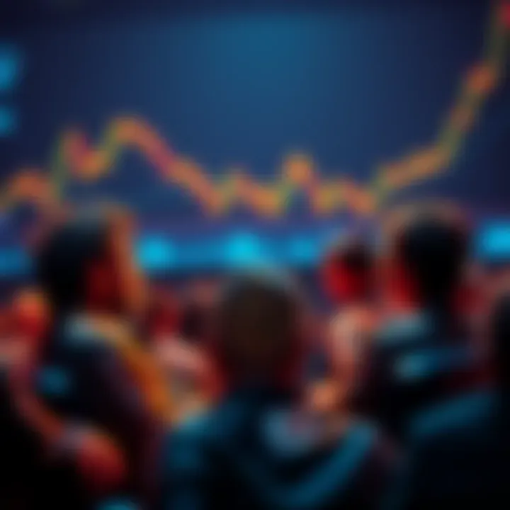 A group of Bitcoin advocates discussing their worries about its dollar value, with charts showing market fluctuations in the background.