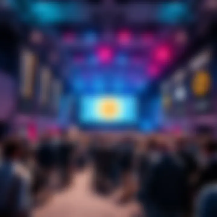 A large group of people gathered at a conference hall with banners about Bitcoin and cryptocurrency.