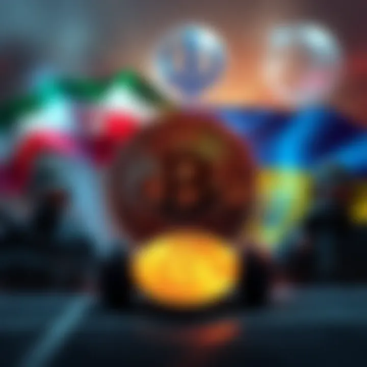 A graphic showing Bitcoin symbols with military imagery and flags representing Iran and Ukraine.
