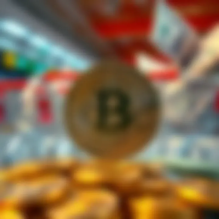 A visual representation of Bitcoin coins with a background of shopping carts and cash, symbolizing its potential as a practical currency for daily transactions.