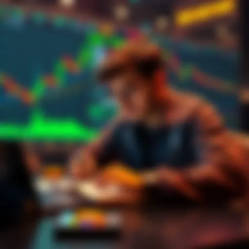 A beginner studying Bitcoin charts with a calculator and notebook, exploring dollar-cost averaging strategy.