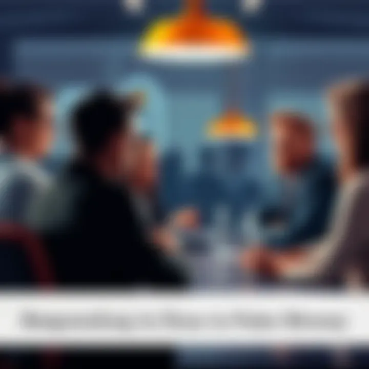 People discussing Bitcoin in an office setting, some are skeptical while others are defending its legitimacy.