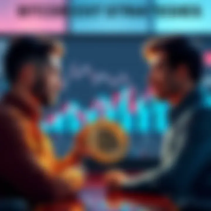 Two people discussing Bitcoin strategies with graphs and charts in the background