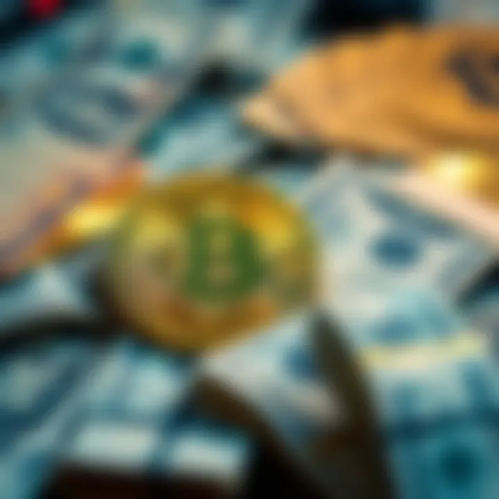 Bitcoin as digital gold A gold coin representing Bitcoin surrounded by dollar bills to highlight its value as digital gold and a hedge against inflation.