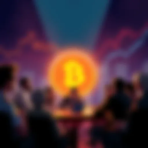 A group of people engaging in a lively discussion about Bitcoin with charts and graphs in the background.