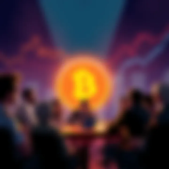 A group of people engaging in a lively discussion about Bitcoin with charts and graphs in the background.