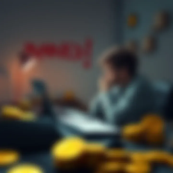 Bitcoin Discussion Appeal A person sitting at a desk with a laptop, looking frustrated about being banned from forums, surrounded by Bitcoin coins and notes for discussion topics.