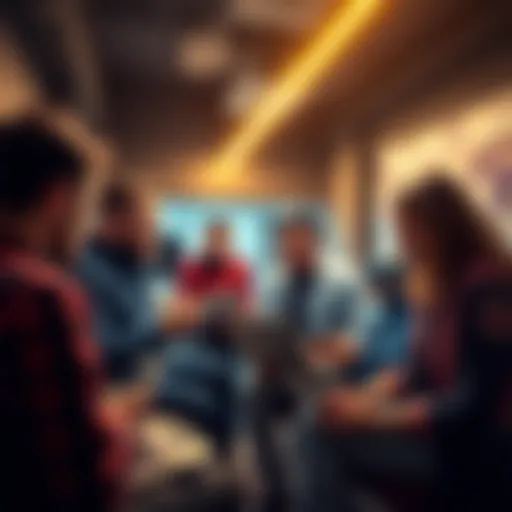 A group of people discussing Bitcoin, sharing ideas and questions, with laptops and phones in hand