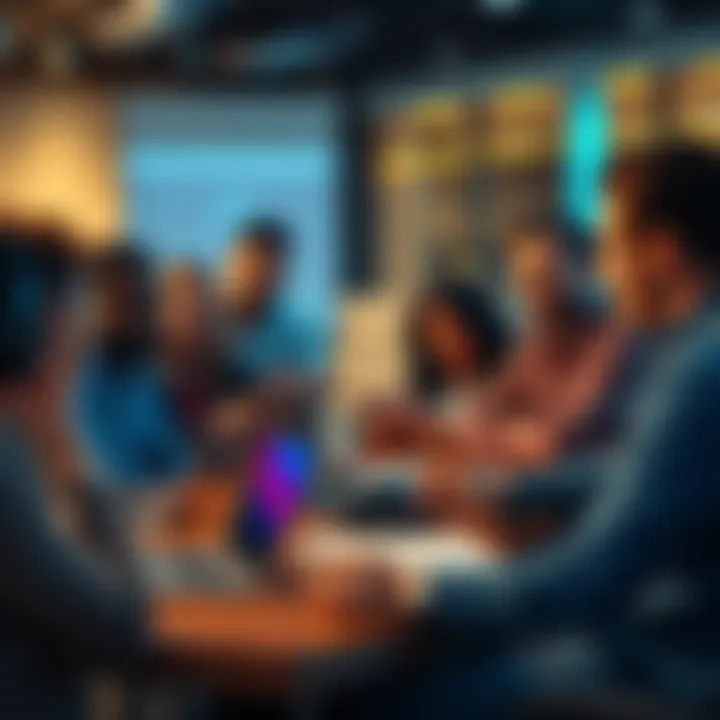 A group of diverse people discussing Bitcoin with laptops and notes during a Mentor Monday event.