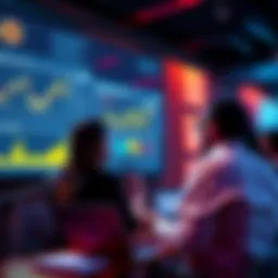 A group of people discussing Bitcoin with charts and graphs on a screen