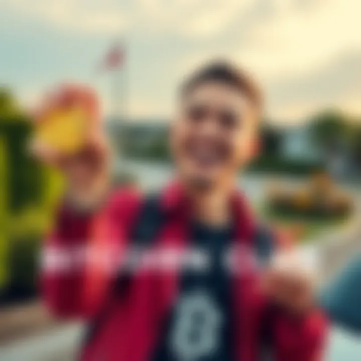 Bitcoin Enthusiast Celebrating A happy Bitcoin enthusiast holding a gold Bitcoin coin, symbolizing their achievement of owning 21 BTC. They are outdoors, wearing casual clothes with a big smile, showcasing excitement about their in...